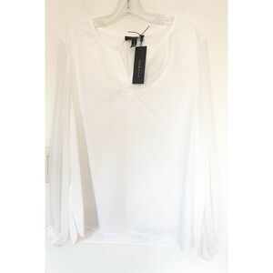New H Halston Cotton White Long Sheer Sleeve Top Sz L
